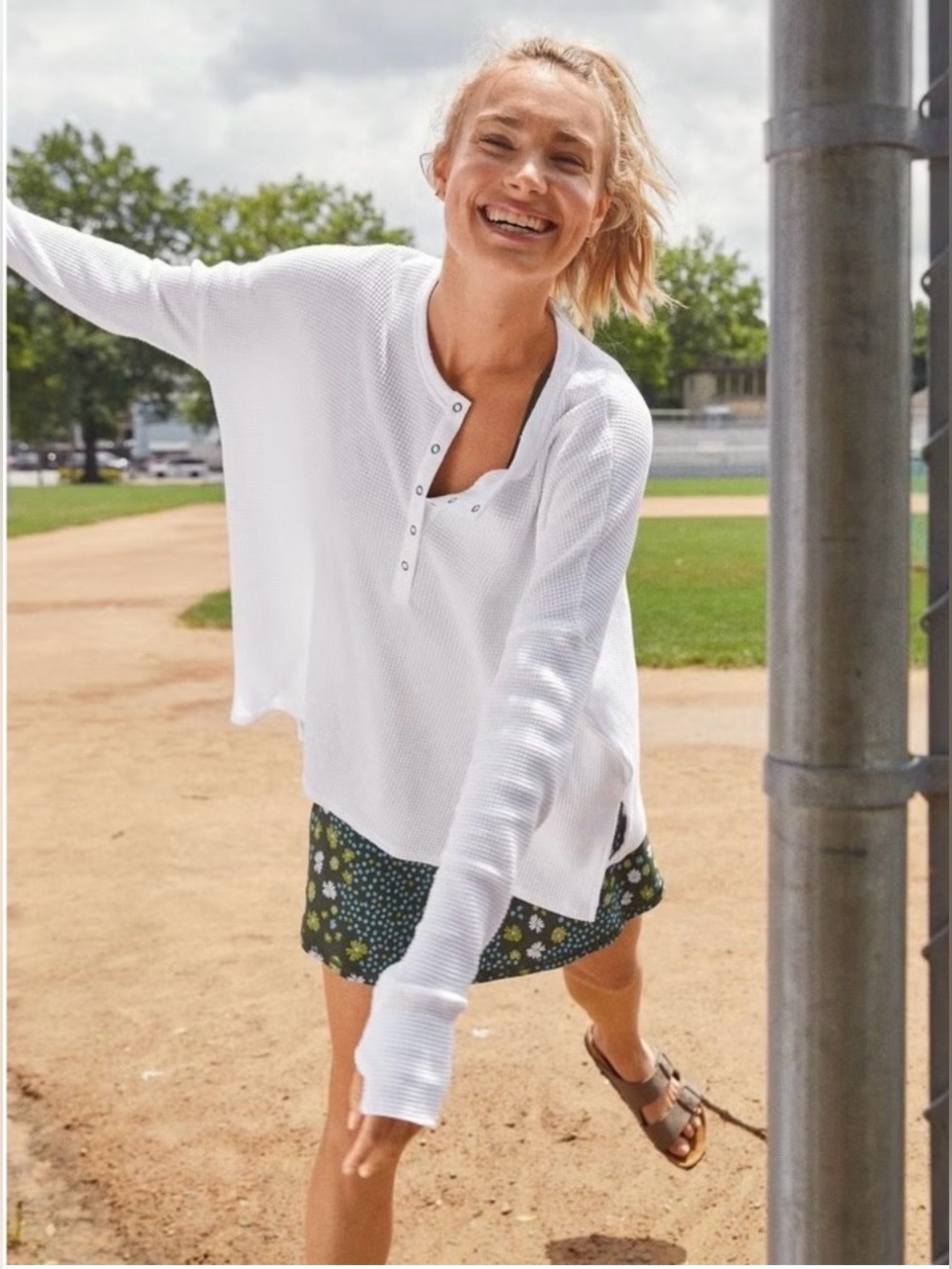 Offline Aerie Way Back Waffle Henley L White Oversized Long Sleeve